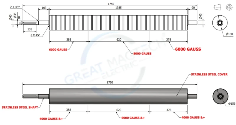 Magnetic pulley roller mounted on a conveyor frame with shaft and bearings Magnetic pulley roller mounted on a conveyor frame with shaft and bearings